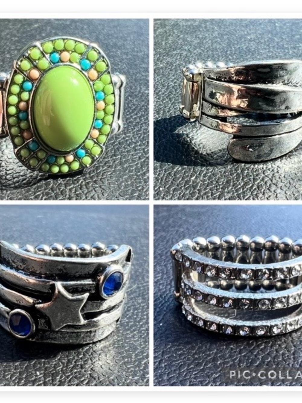 Lot of 4 Women's Fashion Rings Silver Tones Rhinestone Stretch